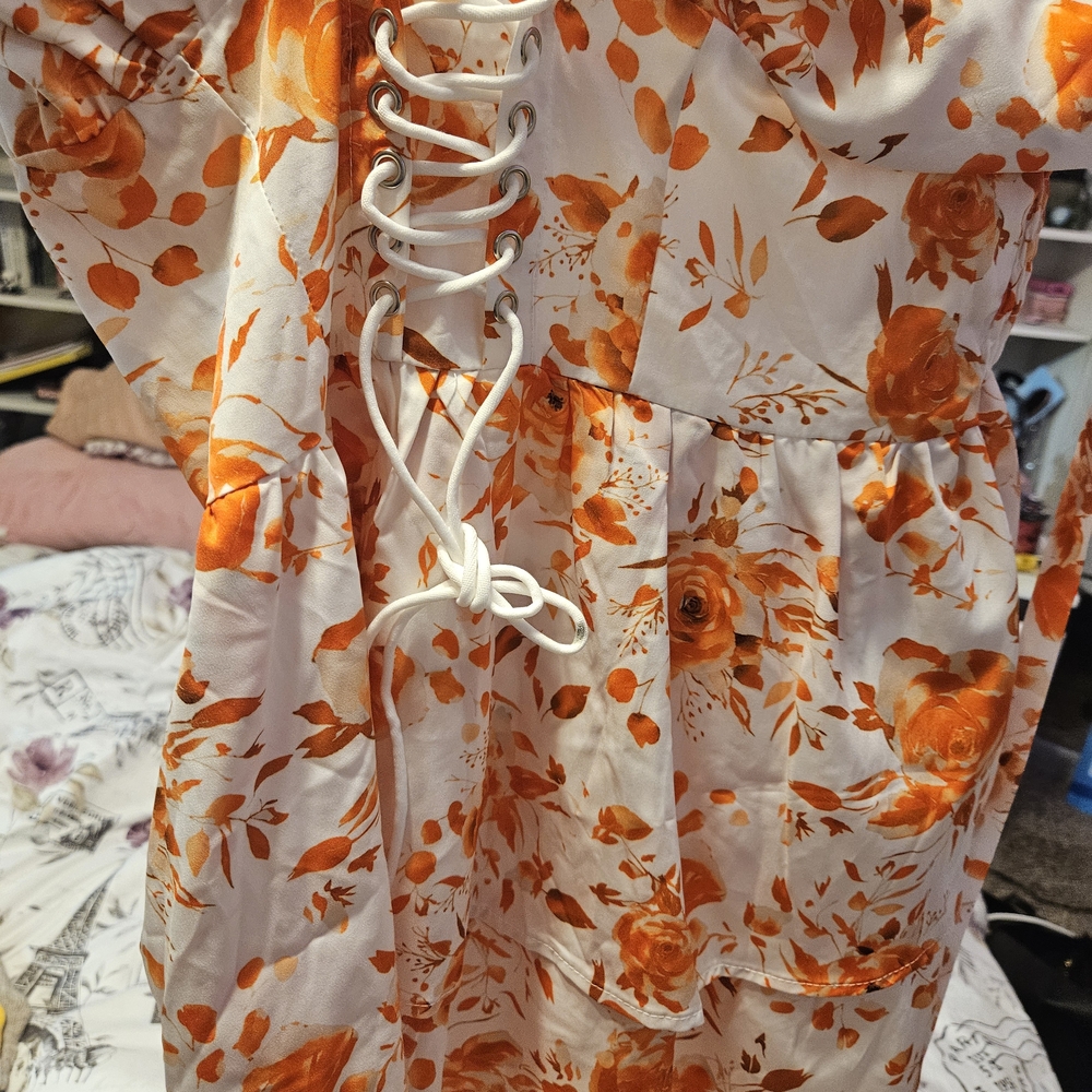Floral Orange and White Top with Lace-Up Detail